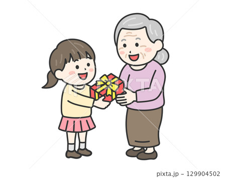 敬老の日に、祖母にプレゼントを渡す、女の子のイラスト｜敬老の日 129904502