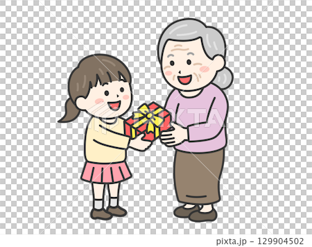 敬老の日に、祖母にプレゼントを渡す、女の子のイラスト｜敬老の日 129904502