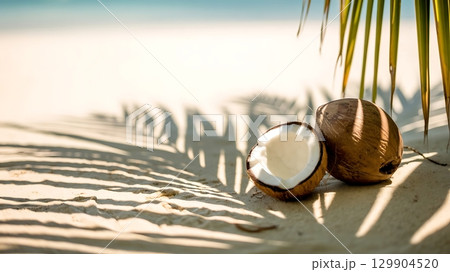 Coconuts on white sand beach with palm tree shadows during sunny day time 129904520