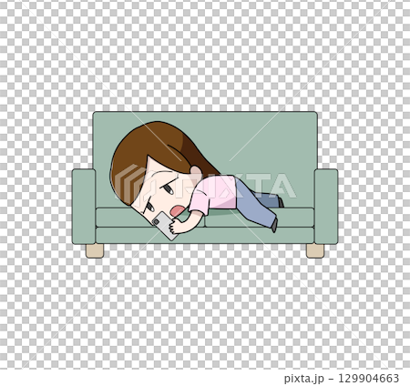 一位女士躺在沙發上使用智慧型手機的插圖 129904663