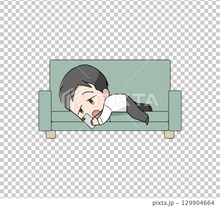 ソファにうつ伏せで横になりスマートフォンをさわるビジネスマン風の男性のイラスト 129904664