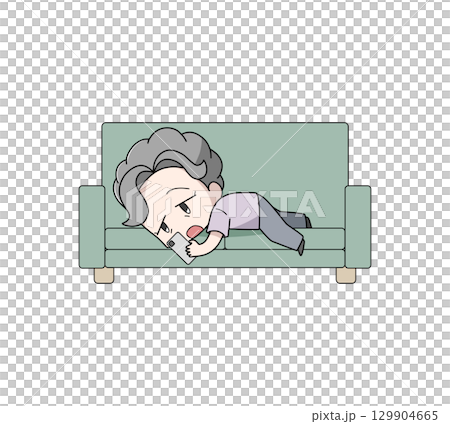 ソファにうつ伏せで横になりスマートフォンをさわる高齢女性のイラスト ソファにうつ伏せで横になりスマートフォンをさわる高齢女性のイラスト 129904665