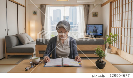 手帳を見ている日本人の女性 129904677