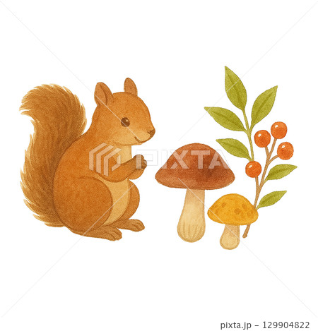 リスときのこのイラスト（秋・森・切り抜き） 129904822