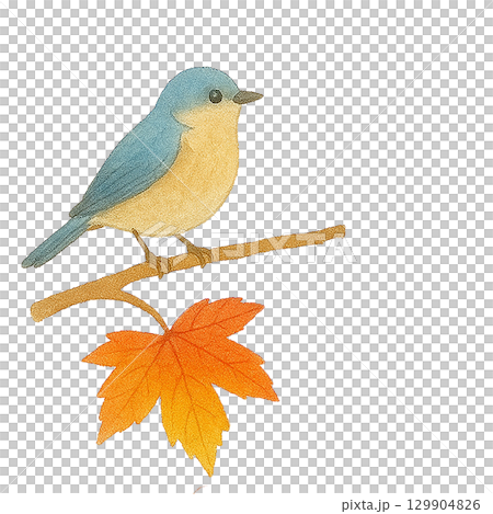 Illustration of a small bird and autumn leaves (Autumn, cutout) 129904826