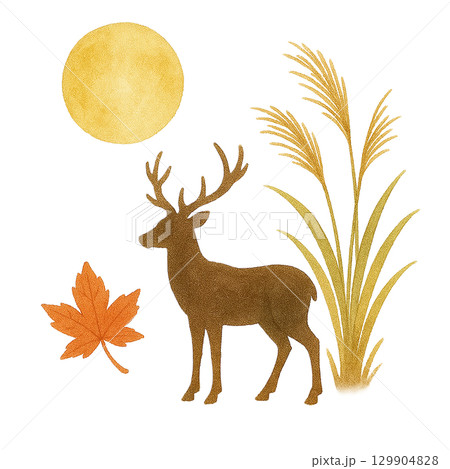 鹿と満月とススキのイラスト（秋の夜・切り抜き） 129904828
