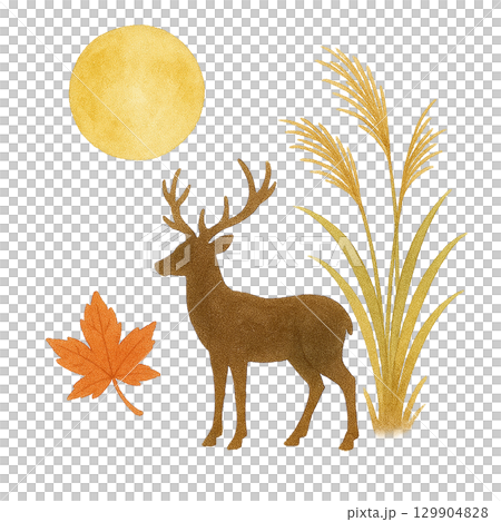 鹿と満月とススキのイラスト（秋の夜・切り抜き） 129904828