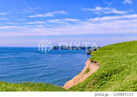 青空の下、浜中町アゼチの岬から望む嶮暮帰島と太平洋の風景 青空の下、浜中町アゼチの岬から望む嶮暮帰島と太平洋の風景 129905153