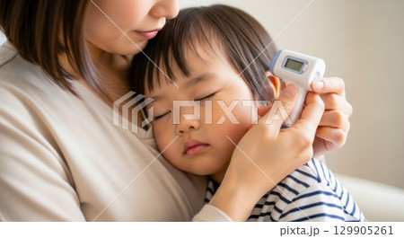 体温計で検温する母と子の家庭医療シーン 129905261