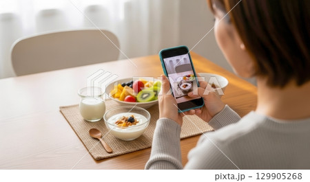 ヘルシーな朝食と食事記録アプリの使用シーン  129905268
