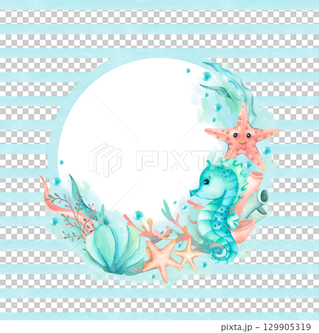 Watercolor card sea creatures circle template. Blue strips children illustration frame isolated from background. Seahorse, starfish, seaweed, seashell and bubbles for postcard, packaging, scrapbook Watercolor card sea creatures circle template. Blue strips children illustration frame isolated from background. Seahorse, starfish, seaweed, seashell and bubbles for postcard, packaging, scrapbook 129905319