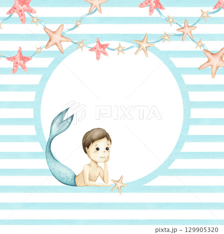 Watercolor card with mermaid boy, garland stars, circle template. Blue repeat strips Illustration frame isolated from background. For baby shower invitation, birthday postcard, packaging, sticker 129905320