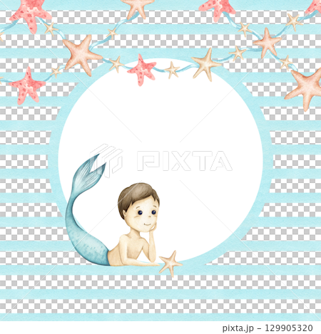 Watercolor card with mermaid boy, garland stars, circle template. Blue repeat strips Illustration frame isolated from background. For baby shower invitation, birthday postcard, packaging, sticker Watercolor card with mermaid boy, garland stars, circle template. Blue repeat strips Illustration frame isolated from background. For baby shower invitation, birthday postcard, packaging, sticker 129905320