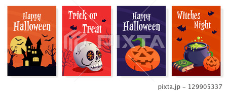 Halloween Posters Set with Pumpkins and Ghosts Halloween Posters Set with Pumpkins and Ghosts 129905337
