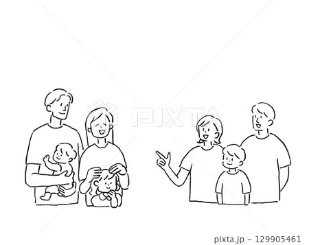 2組の家族、家族セット、線画 129905461