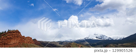 Diverse natural landscape banner, copy space. Kyrgyzstan spring nature.  129905526