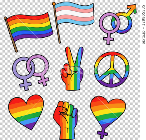充滿活力的手繪跨性別旗幟和 LGBTQ 符號圖標 充滿活力的手繪跨性別旗幟和 LGBTQ 符號圖標 129905535