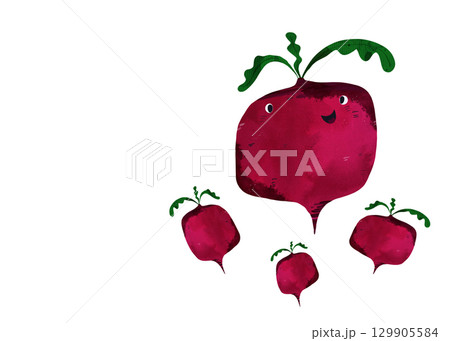 Cute beetroot illustration, hand-drawn in a playful children's style. Perfect for kids' books, packaging, educational materials, or fun kitchen designs. Vibrant red tones with green stems, ideal for Cute beetroot illustration, hand-drawn in a playful children's style. Perfect for kids' books, packaging, educational materials, or fun kitchen designs. Vibrant red tones with green stems, ideal for 129905584