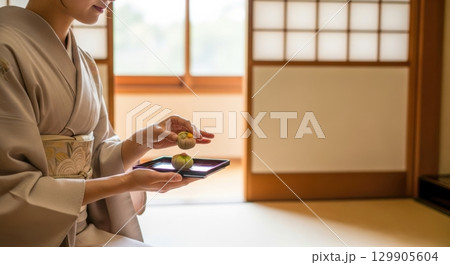 着物姿でいただく上品な和菓子 129905604