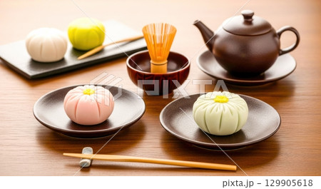 美しい練り切り和菓子と和風ティーセット 美しい練り切り和菓子と和風ティーセット 129905618