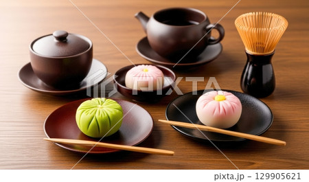 美しい練り切り和菓子と和風ティーセット 129905621