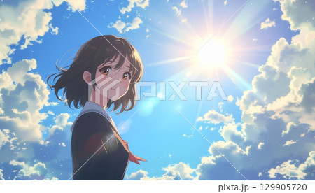 青空と学生服を着た女性　生成AIイラスト　 129905720