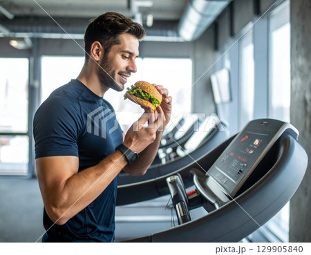 ハンバーガーを食べながら走るトレーニー　トレーニングジム　ジャンクアップジム 129905840