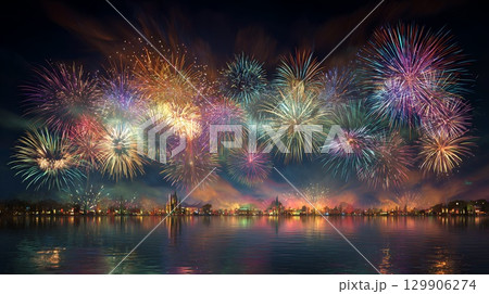 水面に映る花火 129906274