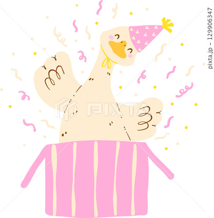 Cute Girly Goose Birthday out of Gift Box Doodle 129906347