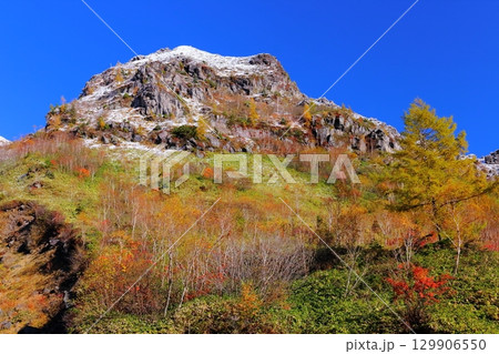 焼岳中腹からの紅葉と初冠雪 焼岳中腹からの紅葉と初冠雪 129906550
