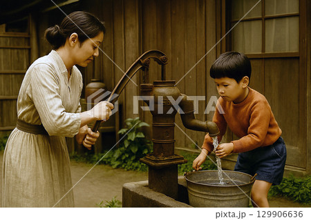 昭和の情景　手押しポンプで水を汲む親子 129906636