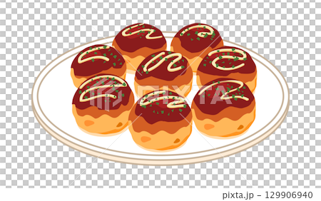 Illustration of takoyaki served on a plate 129906940