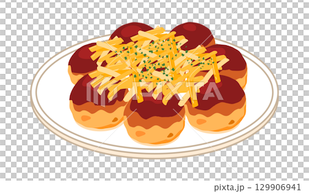 Illustration of takoyaki topped with cheese served on a plate 129906941
