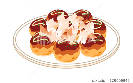 皿に盛った鰹節をかけたたこ焼きのイラスト 129906942