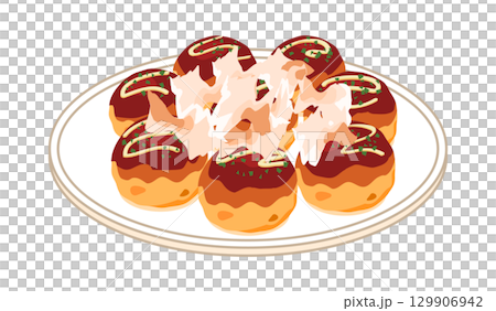 皿に盛った鰹節をかけたたこ焼きのイラスト 129906942