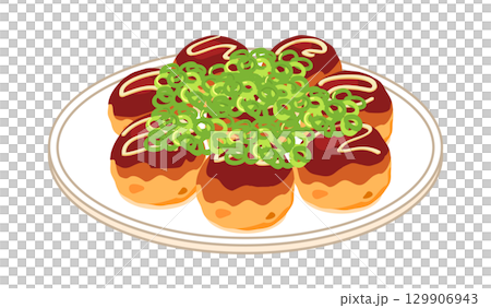 Illustration of takoyaki served on a plate with green onions 129906943