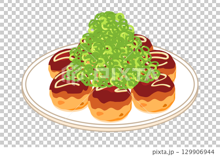 Illustration of takoyaki served on a plate with lots of green onions 129906944