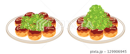 皿に盛ったネギをかけたたこ焼きのイラスト　セット 129906945