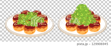 皿に盛ったネギをかけたたこ焼きのイラスト　セット 129906945