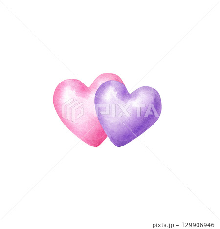 Two hearts pink and purple. Simple watercolor clip art isolated for valentine's day design. 129906946