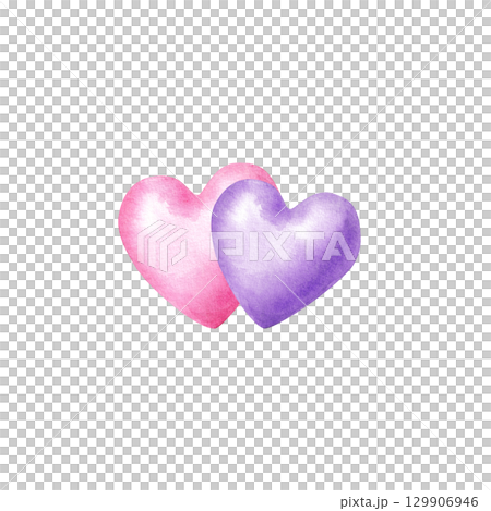 Two hearts pink and purple. Simple watercolor clip art isolated for valentine's day design. 129906946