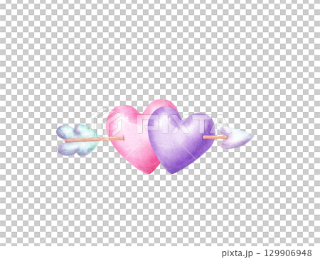 Two hearts with cupid arrow in cute naive style. Watercolor hand drawn illustration for Valentine's Day decor 129906948