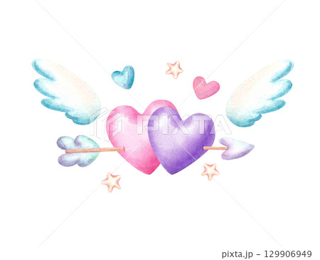 Two hearts with wings and cupid arrow in cute naive style. Watercolor hand drawn illustration for Valentine's Day decor 129906949