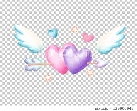 Two hearts with wings and cupid arrow in cute naive style. Watercolor hand drawn illustration for Valentine's Day decor 129906949