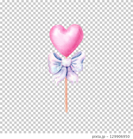 Pink heart on a stick with a bow. Watercolor hand drawn illustration on isolated white background for Valentine's day design. Pink heart on a stick with a bow. Watercolor hand drawn illustration on isolated white background for Valentine's day design. 129906950