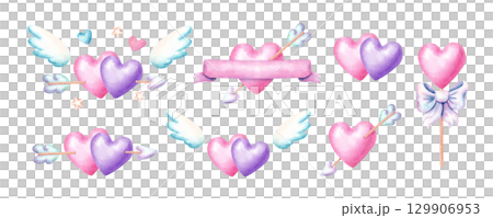 A set of illustrations of hearts in pastel shades in a naive style. Watercolor hand drawn illustration for Valentine's Day decor. A set of illustrations of hearts in pastel shades in a naive style. Watercolor hand drawn illustration for Valentine's Day decor. 129906953