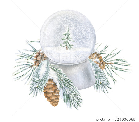 Snow Globe with a Christmas tree. Watercolor illustration of a snowball. Hand drawn holiday sketch of Snowglobe on white isolated background. Water color painting. Print for cards or decoration Snow Globe with a Christmas tree. Watercolor illustration of a snowball. Hand drawn holiday sketch of Snowglobe on white isolated background. Water color painting. Print for cards or decoration 129906969