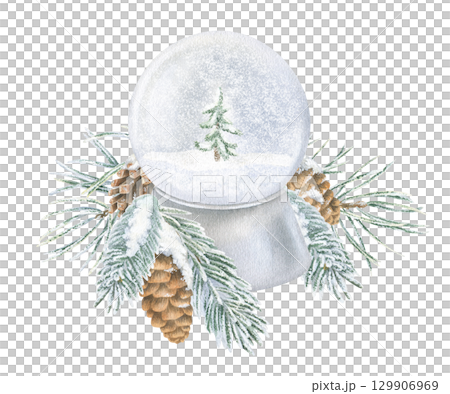 Snow Globe with a Christmas tree. Watercolor illustration of a snowball. Hand drawn holiday sketch of Snowglobe on white isolated background. Water color painting. Print for cards or decoration 129906969