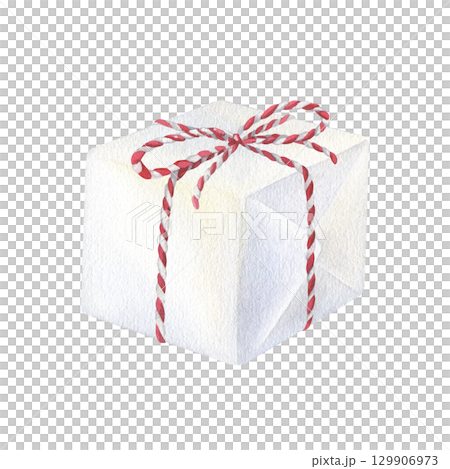 White gift box decorated with ribbon in red stripes and bow. Watercolor illustration of a Christmas present. Hand drawn vintage sketch on isolated background. Water color painting art image 129906973
