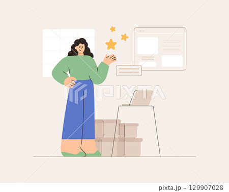 Flat vector illustration of a woman providing feedback and review to an online shop, e-commerce concept. Vector flat cartoon style. 129907028